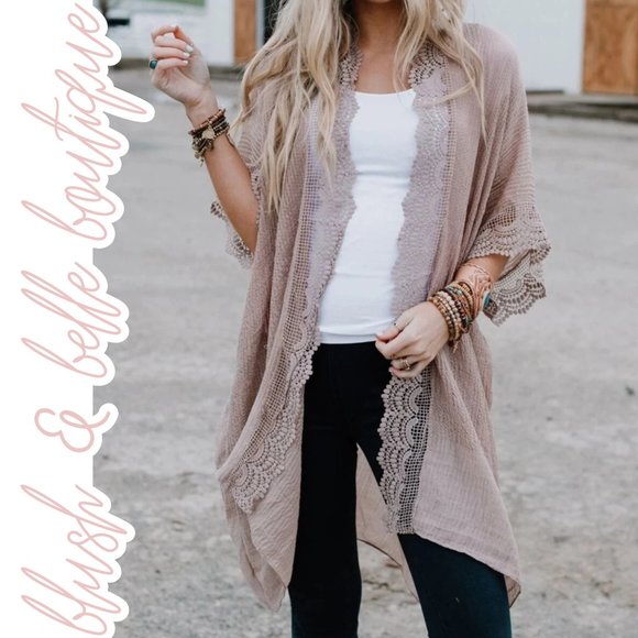 blushandbelle Accessories - STELLA Scallop Lace Trim Kimono in Mocha